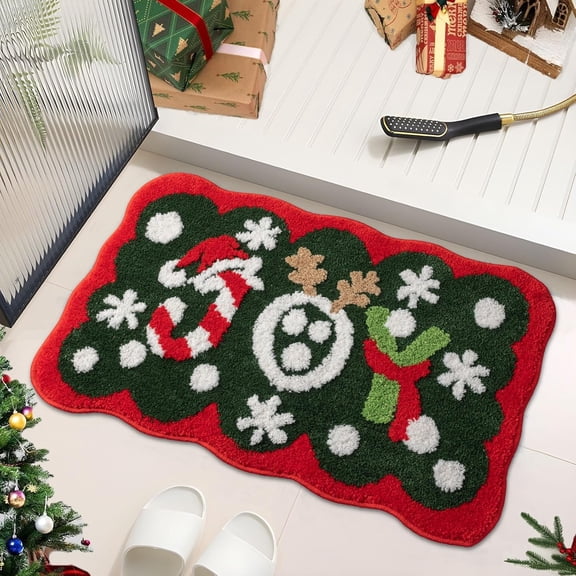 Jinswick Christmas Bathroom Rugs, Christmas Decorations Scalloped Joy Bath Rug, Non Slip Microfiber Xmas Festive Bath Mat for Bathroom Rug for Holiday Bathtub Sink Shower, Christmas Green