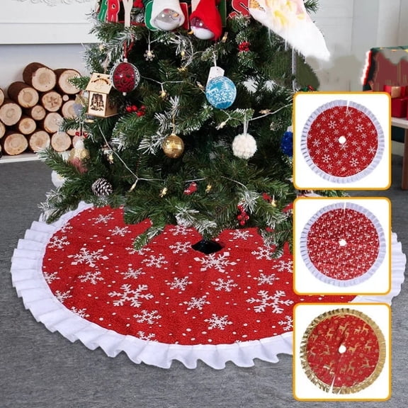 Jinswick Christmas Tree Skirt,36 inch Red Merry Christmas Tree Skirt with Gold Snowflake Faux Fur Christmas Decorations,Xmas Tree Base Mat for Indoor Outdoor Holiday New Year Party Home Decorations