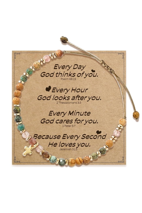 Crystal Beaded Cross Blessing Bracelet for Women Retirement Gifts, Natural Stone Jewelry with Blessing Card for Retired Coworker Friend Mom