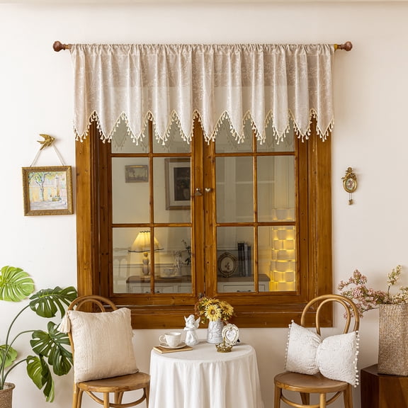 Jinswick Farmhouse Crochet Lace Sheer Valance, 55"W x 24"L, Vintage Macrame Tassel Rod‑Pocket Curtain for Kitchen Bathroom Over‑Sink