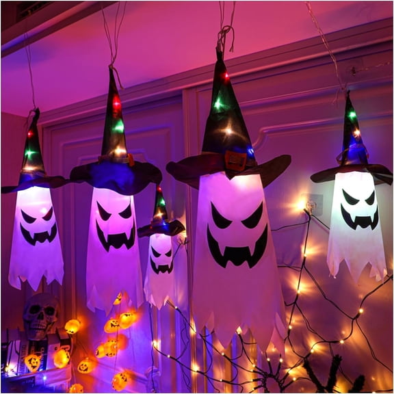 Jinswick Halloween Decorations Outdoor - 5 PCS Hanging Halloween Lighted Glowing Ghost Witch Hat with LED String Lights - Halloween Tree Decorations for Party Garden Yard Dcor 9.8Ft
