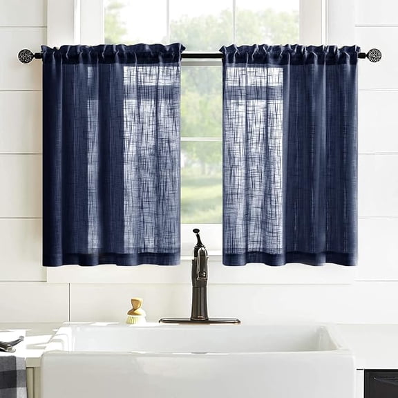 Jinswick Navy Blue Tier Curtains for Bathroom Window 24.8 Inch Length Faux Linen Look Semi Sheer Curtains for Kitchen Bedroom Dark Blue
