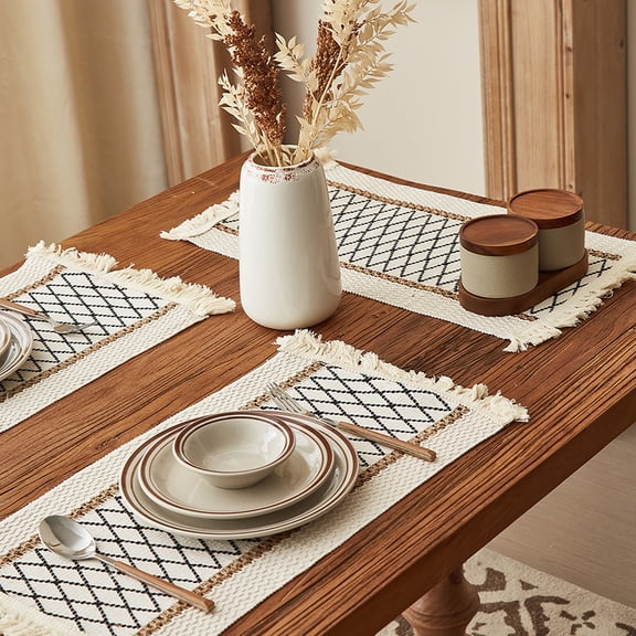 Jinswick Placemats Set of 4, Natural Cotton Burlap Placemat Heat-Resistant 18x12in, Boho Woven Linen Non-Slip Washable Table Mat, Easy to Clean Premium Table Mats for Dining, Kitchen, Decor