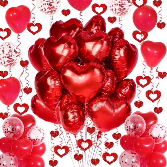 Jinswick Red Heart Balloons Set, Heart Shaped Balloons and Red Hanging Streamer for Valentines Decorations, Proposal, Wedding Party