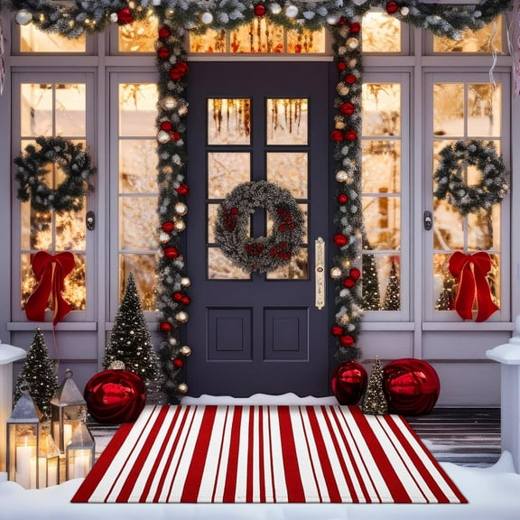 Jinswick Red and White Striped Christmas Rug 20 x 32 Inch Rug Christmas Machine Washable Porch Doormat Welcome Layered Doormat for Indoor and Outdoor Entry Bedroom Decoration