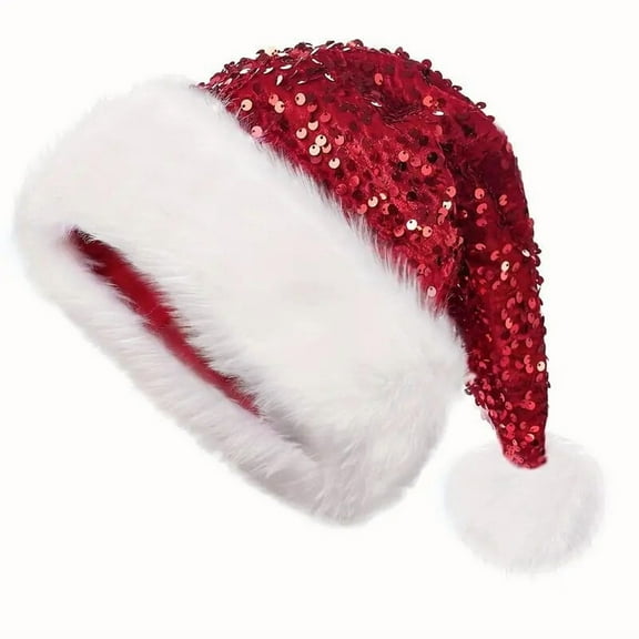 Jinswick Santa Hats for Adults Christmas Cap Plush Sequins Santa Hats Party Caps Bobbles Holiday Hat,Red