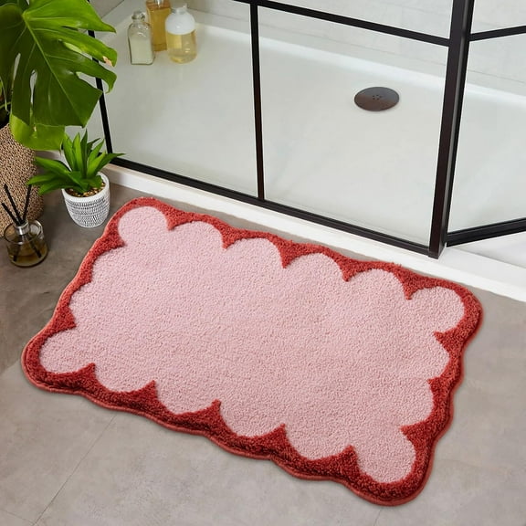Jinswick Scalloped Bath Mats Bathroom Rugs Non Slip Washable Cute Bath Mats Microfiber Absorbent Soft Aesthetic Preppy Small Bath Rugs for Bedroom Tub Sink 16" x 24" Red