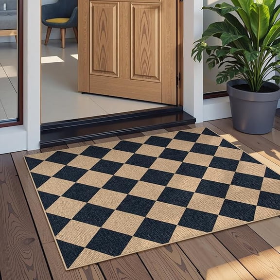 Jinswick Simple Checkered Non-Slip Kitchen Mat, 16''x24'' Front Door Mat Non Slip Washable Neutral Area Rug, Farmhouse Diamond Non Shedding Low Pile Floor Carpet for Entryway Porch Doorway