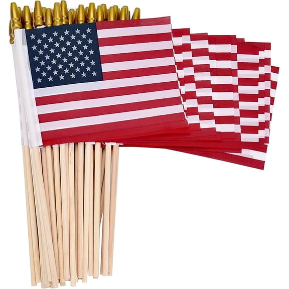 Jinswick Small American Flags on Stick 4x6 Inch/12 Pack - Mini Ameirican Flags/Handheld American Wooden Stick Flag with Safe Spear Top for July 4th Decoration, Veteran Party, etc