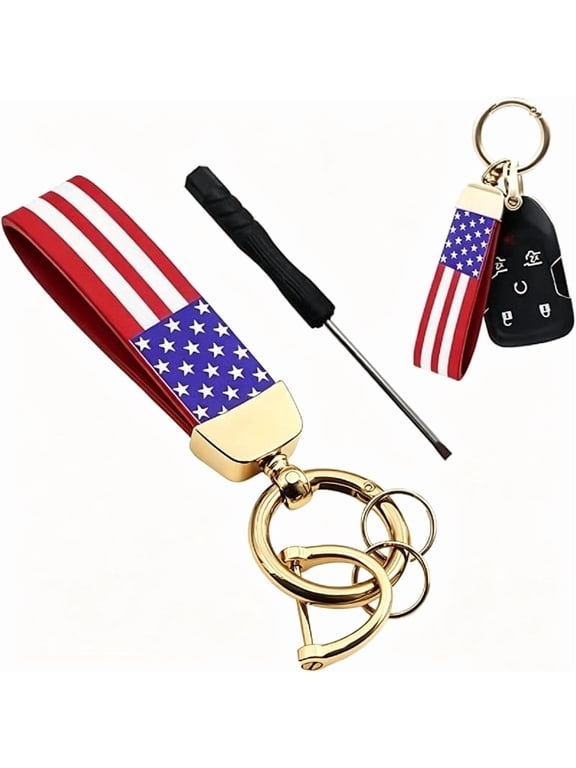 US Flag Car Keychain, 360° Rotation American Flag Key Chain with Zinc Alloy Rings & Anti Lost D-Ring, Car Accessories