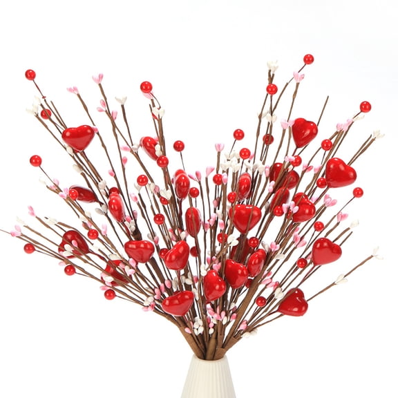 Jinswick Valentine’s Day Gifts,3 Pcs Artificial Berry Flower Stems Red Heart Shaped Berry Picks for Valentine’s Day,Wedding, and Home Decor