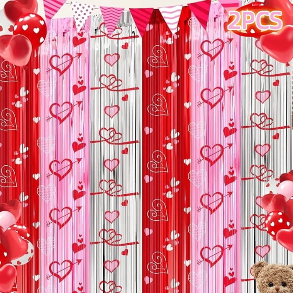 Jinswick Valentine's Day Party Decor Pink Foil Tassel Curtain, Set of 2 3.3 x 6.6 ft Heart-Shaped Theme Decor Valentine's Day Home Decor Photography Backdrop Ribbon