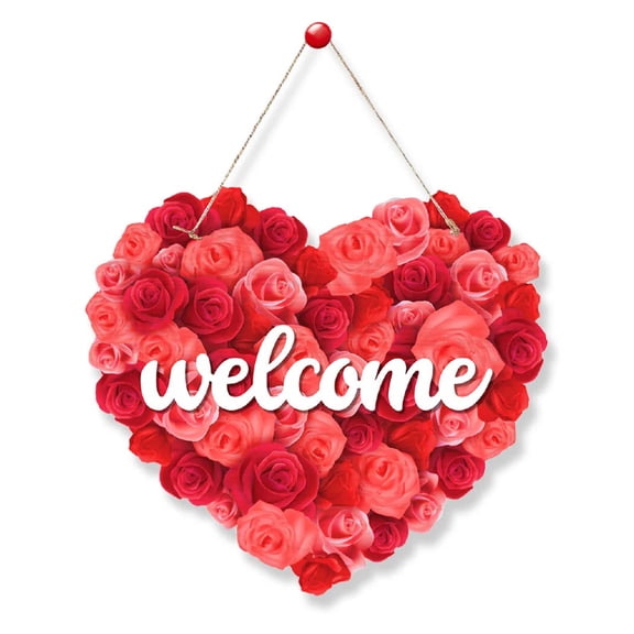 Jinswick Valentine's Day Welcome Sign - 9.84"x9" Heart Shaped Wooden Wall Decor with Metal Hanger, Cute Welcome Plaque for Front Door, Home, Party - Rustic Farmhouse Valentine Gift