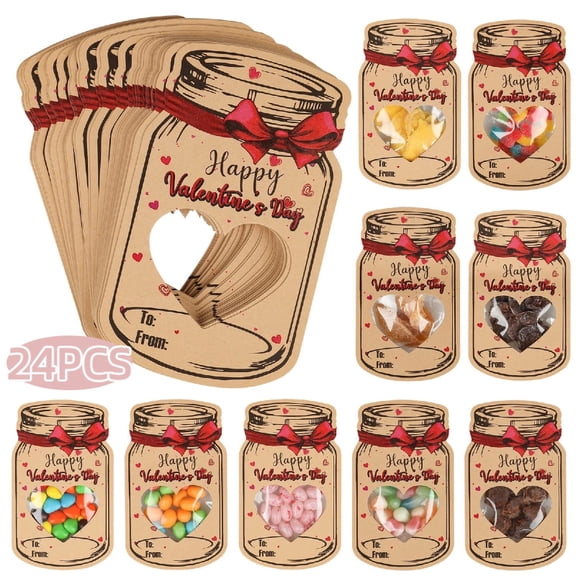 Jinswick Valentines Day Cards for Kids Mason Jar Happy Valentine's Day Gift Card Exchange Cards for Boys Girls Toddler School Class Classroom Party Favors 24Pack