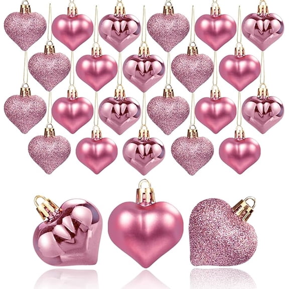 Jinswick Valentines Day Decorations Heart Ornaments - 24pcs Rose Gold Heart Shaped Baubles Tree Ornaments for Valentine's Day Wedding Anniversary Hanging Decorations