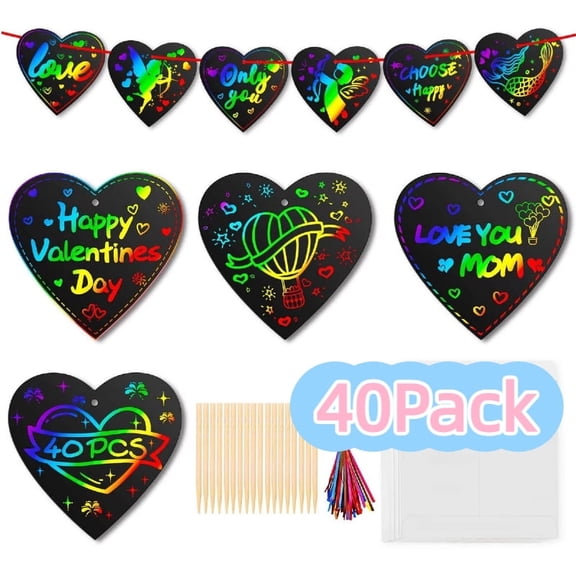 Jinswick Valentines Day Gifts Cards for Kids Valentines Day Exchange Cards Magic Scratch Heart Art Valentine Crafts Art for Kids Classroom Without Ink 40Pack