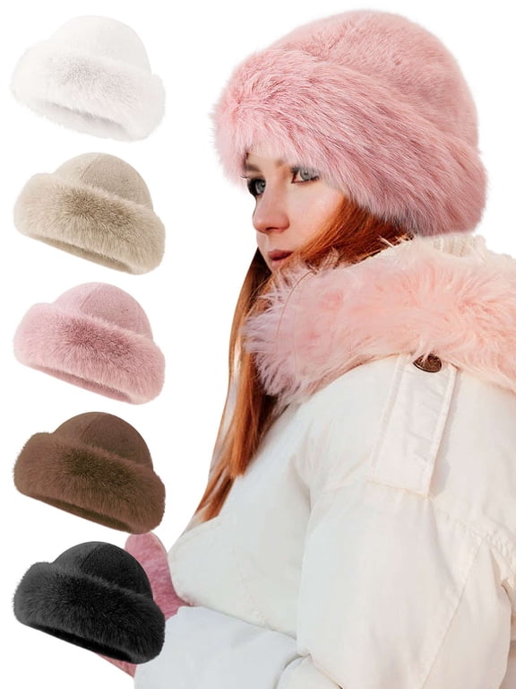 Women's Faux Fur Hats Fluffy Bucket Hat Russian Style Outdoor Winter Warm Cap for Girls, Winter Beanie for Young Women-Black