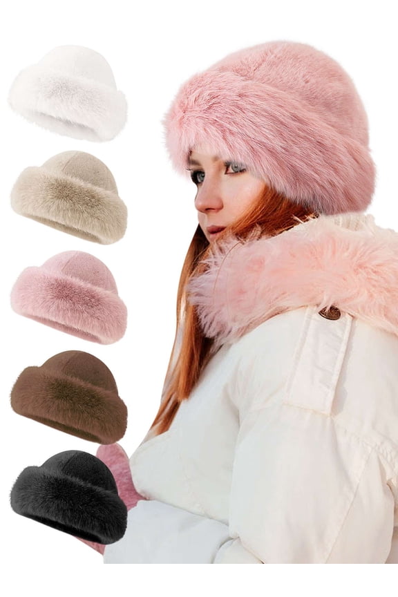 Women's Faux Fur Hats Fluffy Bucket Hat Russian Style Outdoor Winter Warm Cap for Girls, Winter Beanie for Young Women-Brown