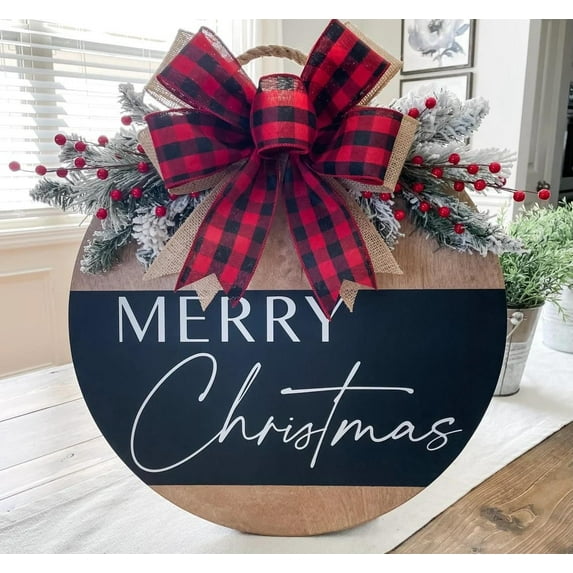 Jinswick Xmas Door Wreath Hanger Wooden Welcome Door Sign for Front Door Winter Holiday Outdoor Hanging Sign with Bow Farmhouse Indoors Wall Sign Christma Decorations
