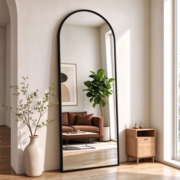 Jintevesa 56"x21" Arched Full Length Mirror with Aluminum Frame Freestanding Floor Mirror, Black