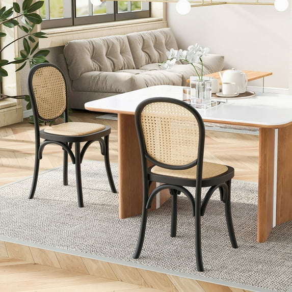 Jints Wood Dining Chair with Cane Rattan Wood Webbing, Black + Natural, Set of 2
