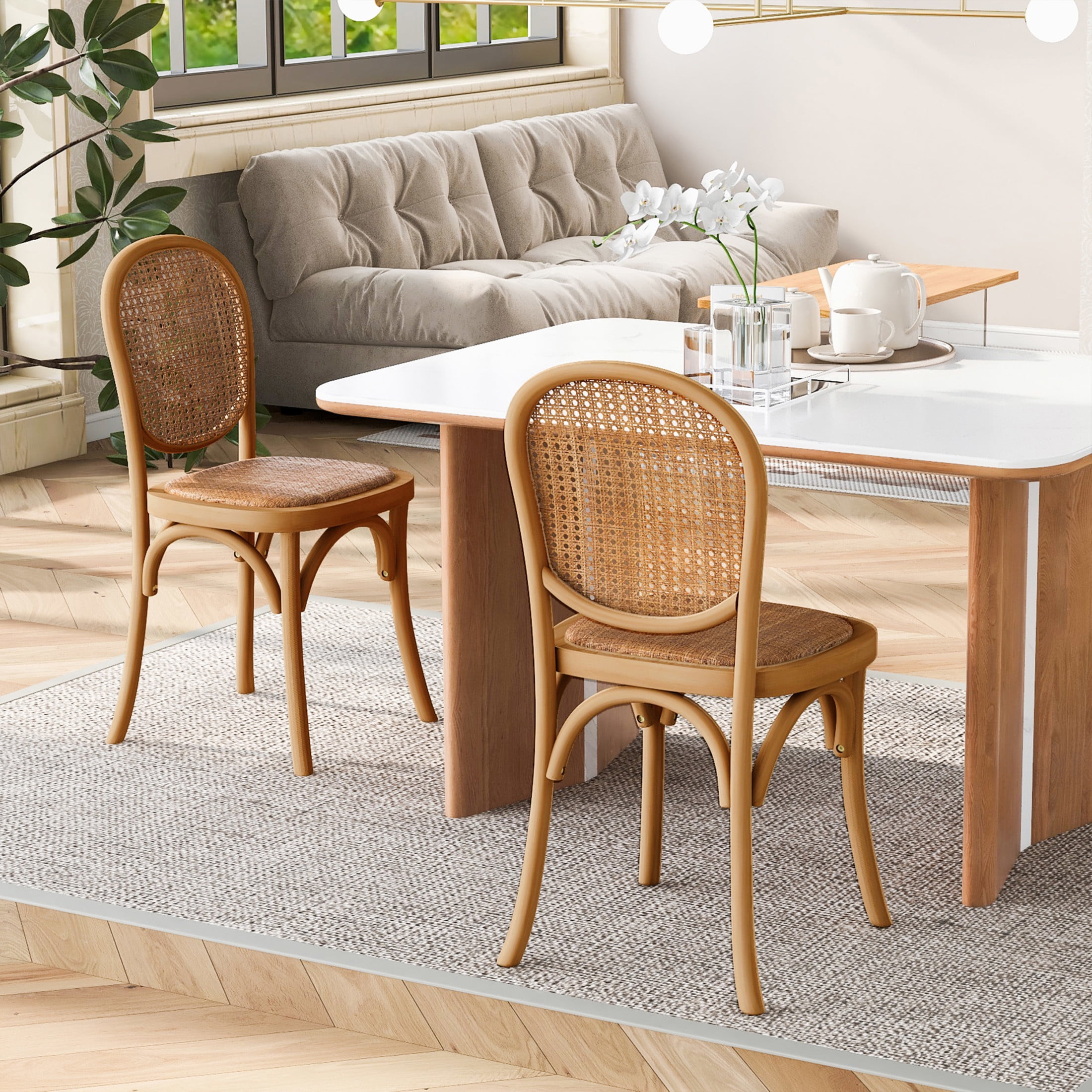 Jints Wood Dining Chair with Cane Rattan Wood Webbing, Natural, Set of 2