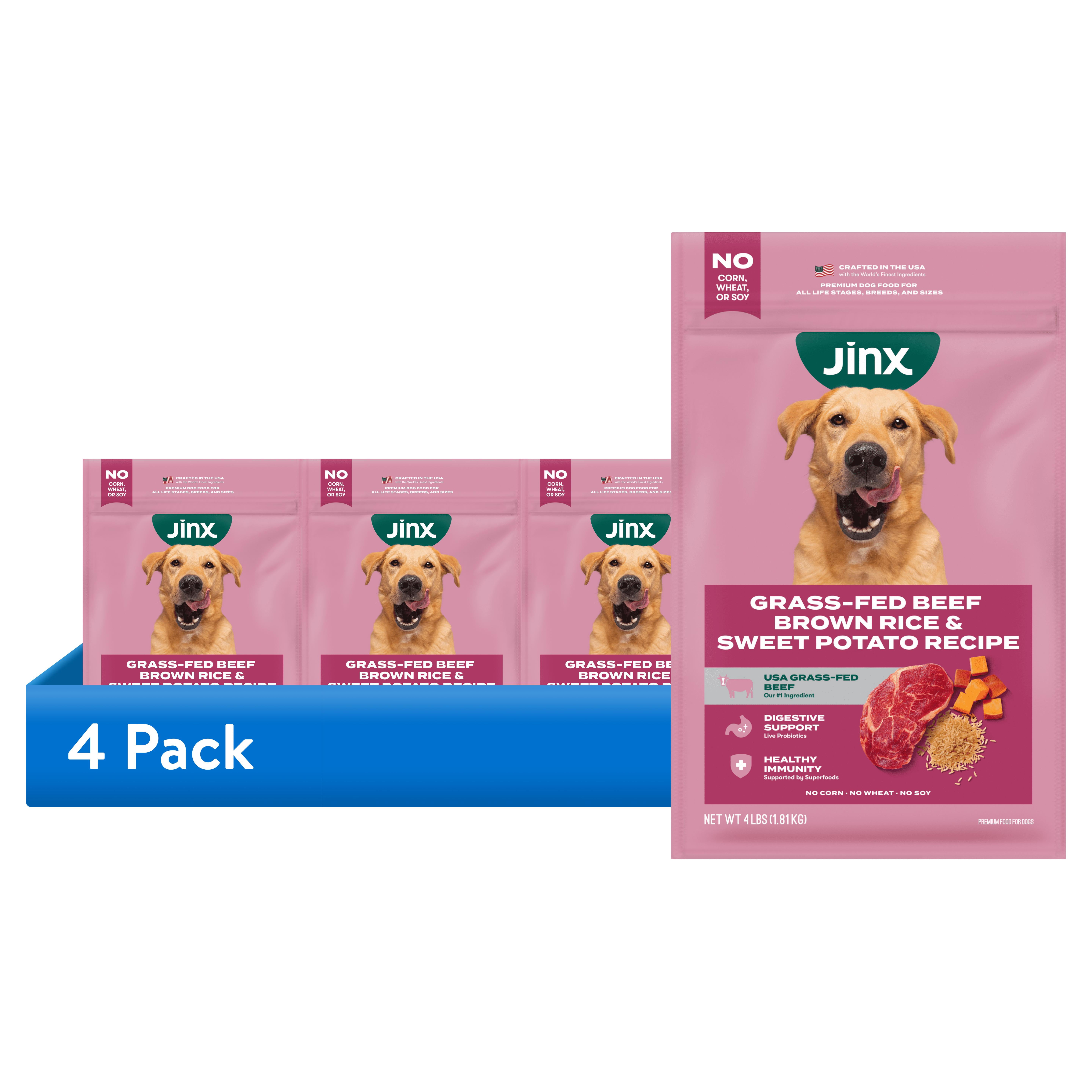 (4 pack) Jinx Grass-Fed Beef, Brown Rice & Sweet Potato Dry Dog Food for Muscle & Joint Support, 4 lb Bag