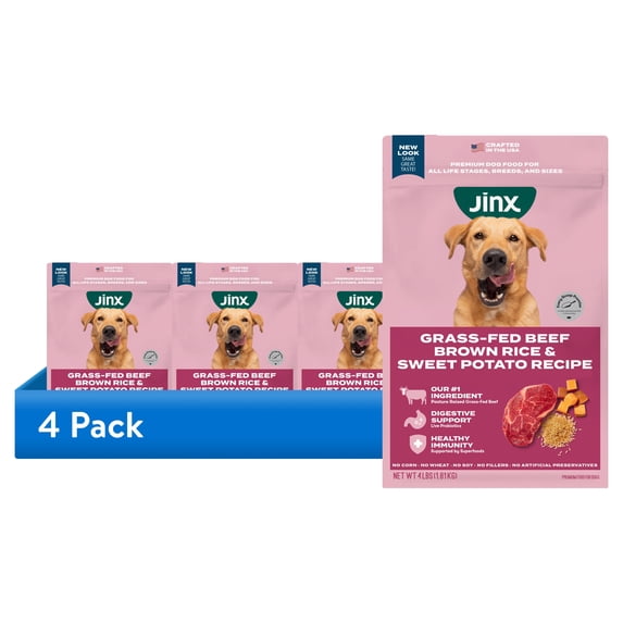 (4 pack) Jinx Beef Brown Rice & Sweet Potato Dry Dog Food 4lb Bag