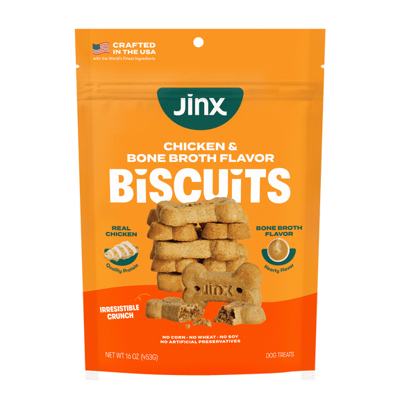 Jinx Chicken Bone Broth Biscuits, Crunchy Dry Dog Treats, 16 oz Bag