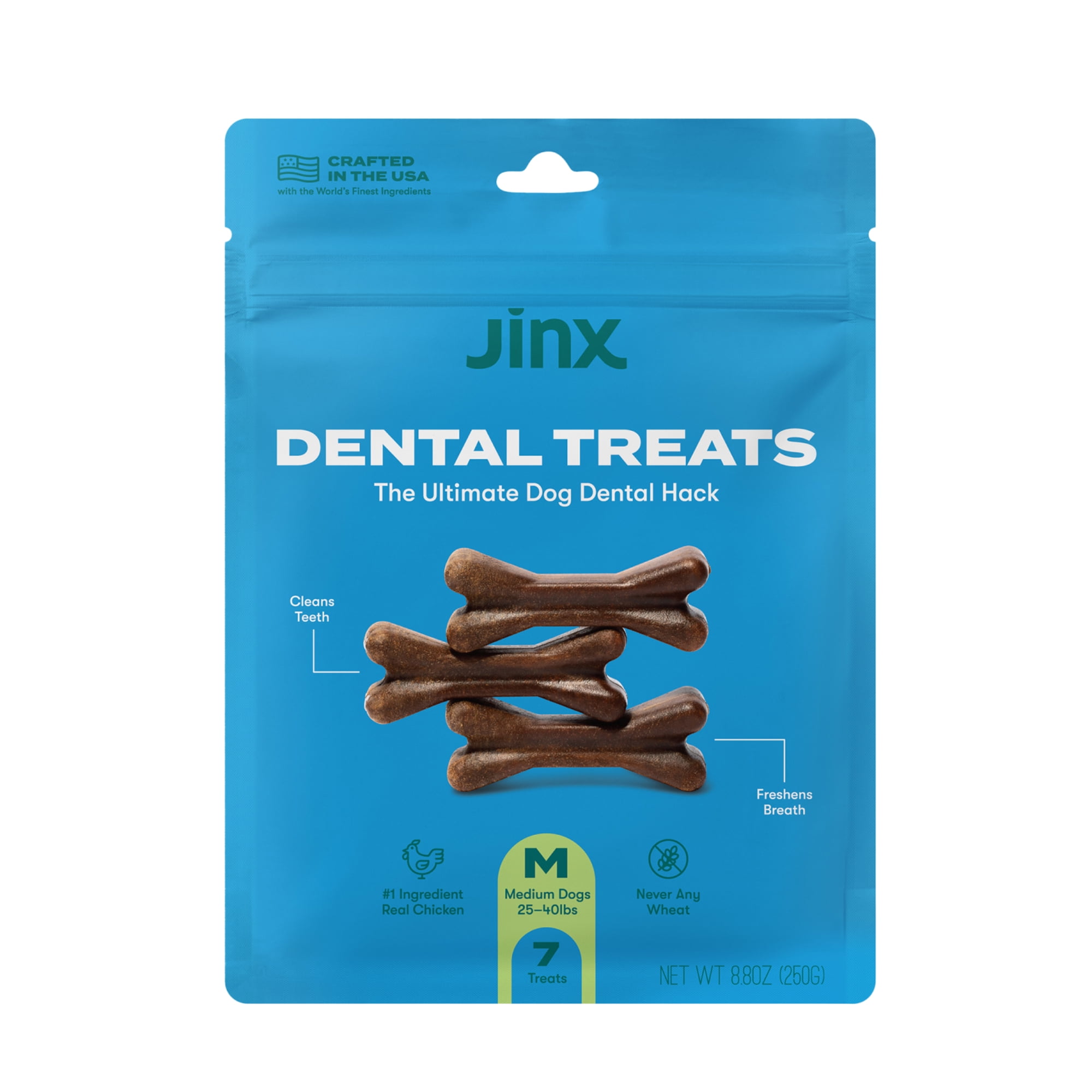 Jinx Chicken Flavor Dental Treats for Medium Dogs, 8.8 oz Bag, 7 Treats
