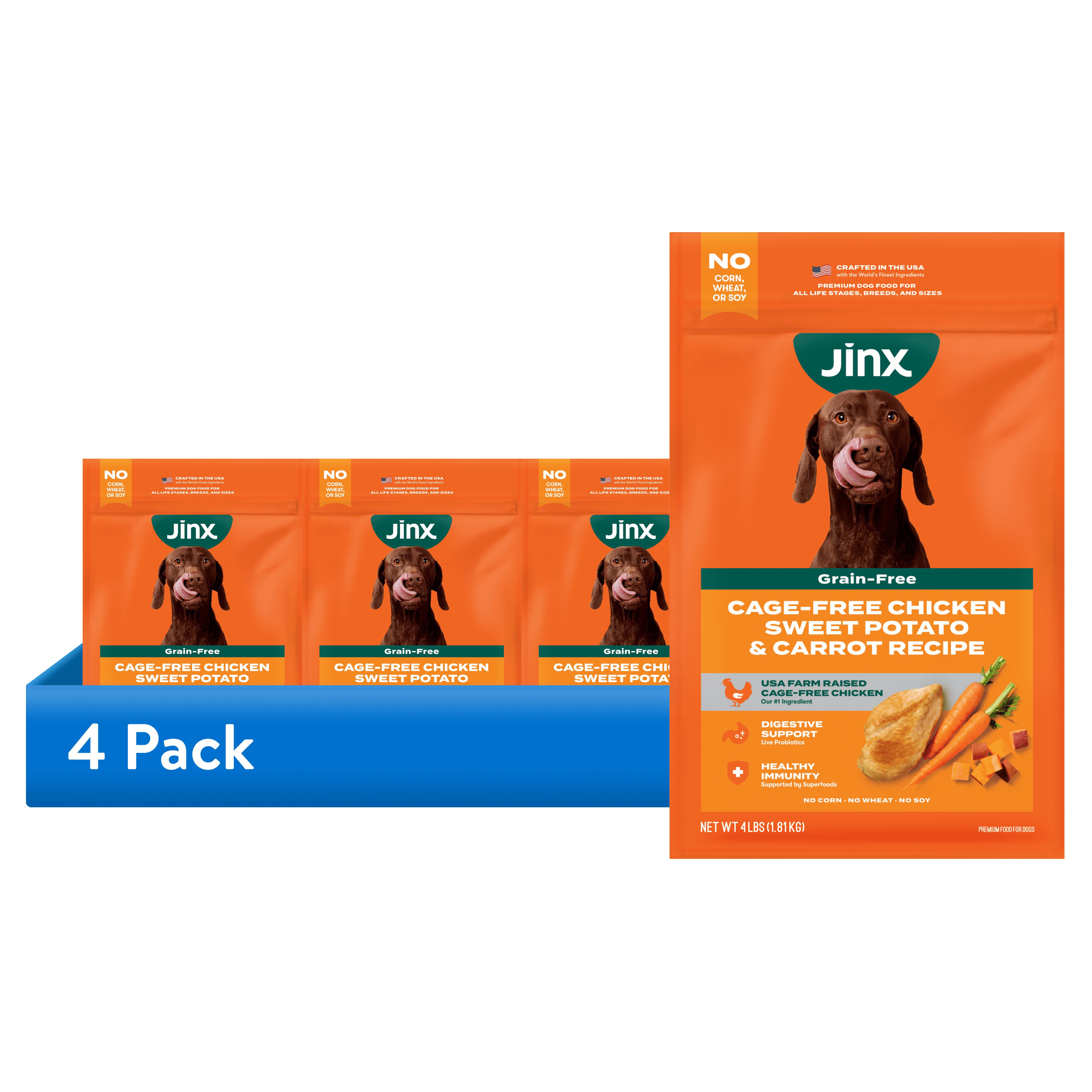 (4 pack) Jinx Chicken Sweet Potato Carrot Grain Free Dry Dog Food, 4 lb Bag