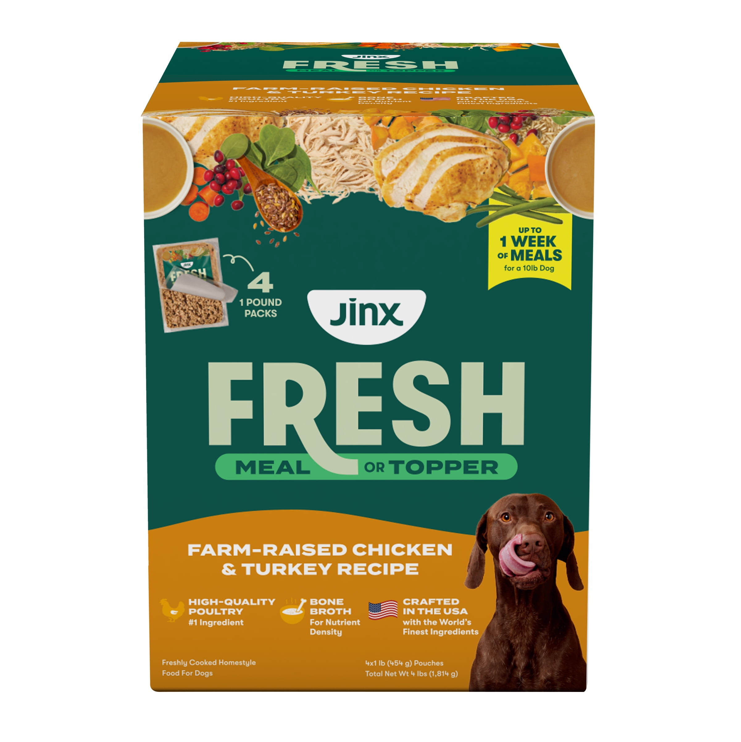 Jinx Fresh Farm-Raised Chicken & Turkey Dog Food Meal or Topper, 4 x 1 lb Pouches