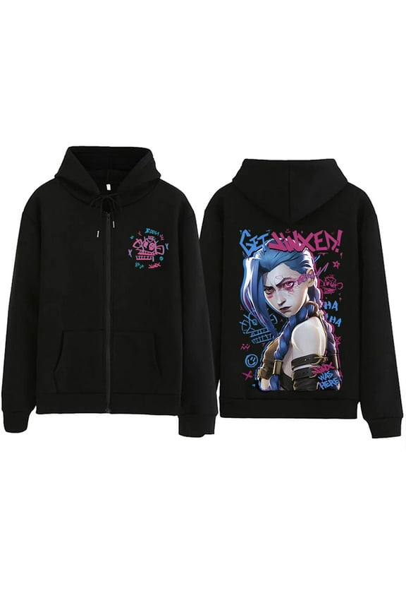 Jinx Graphic Zip Up Hoody for Men & Women - Hip Hop Fashion Oversized Streetwear Sweatshirt, Large Sizes Available