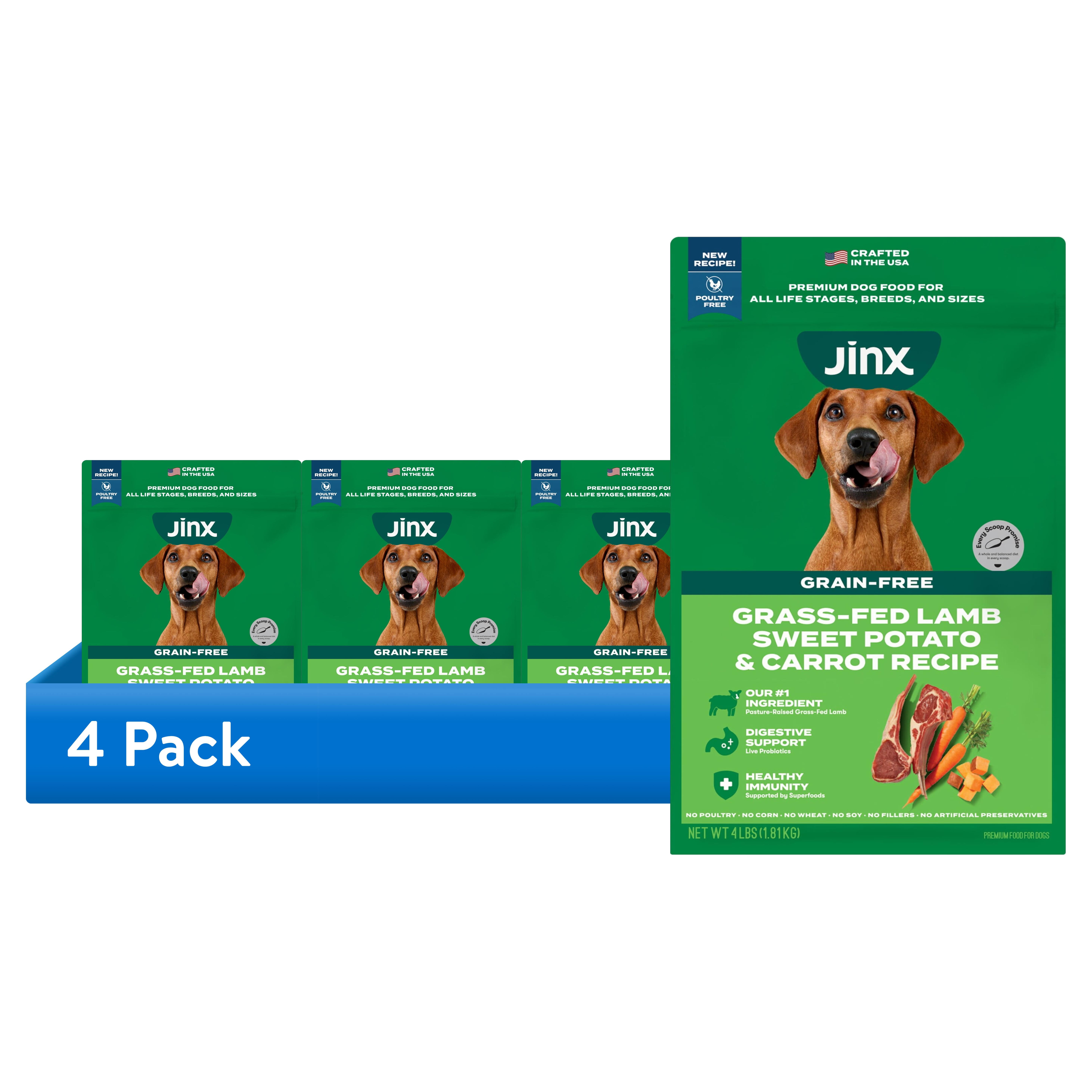 (4 pack) Jinx Lamb, Sweet Potato, & Carrot Dry Dog Food, Grain Free, 4 lb Bag