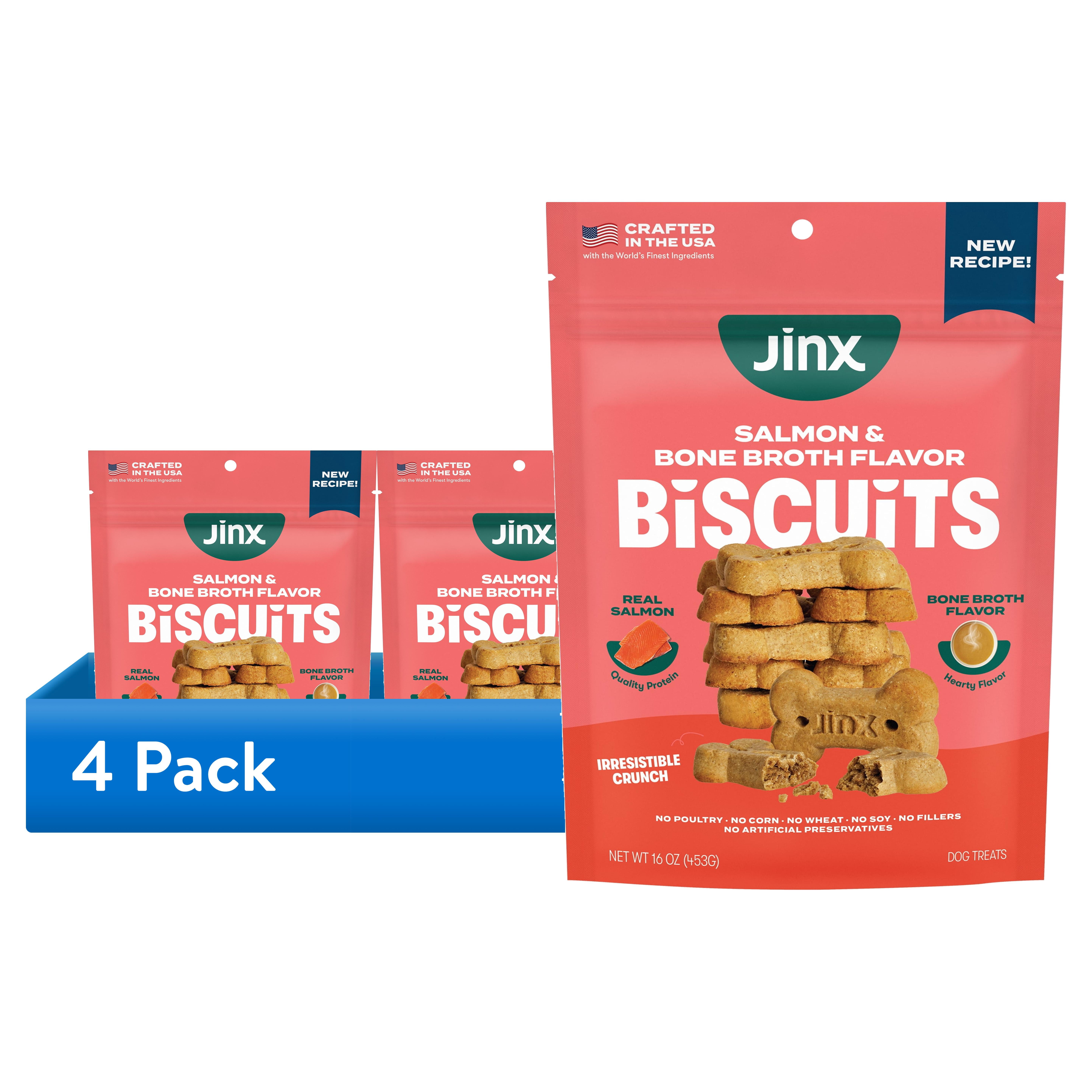(4 pack) Jinx Salmon Bone Broth Biscuits, Crunchy Dry Dog Treats, 16 oz Bag