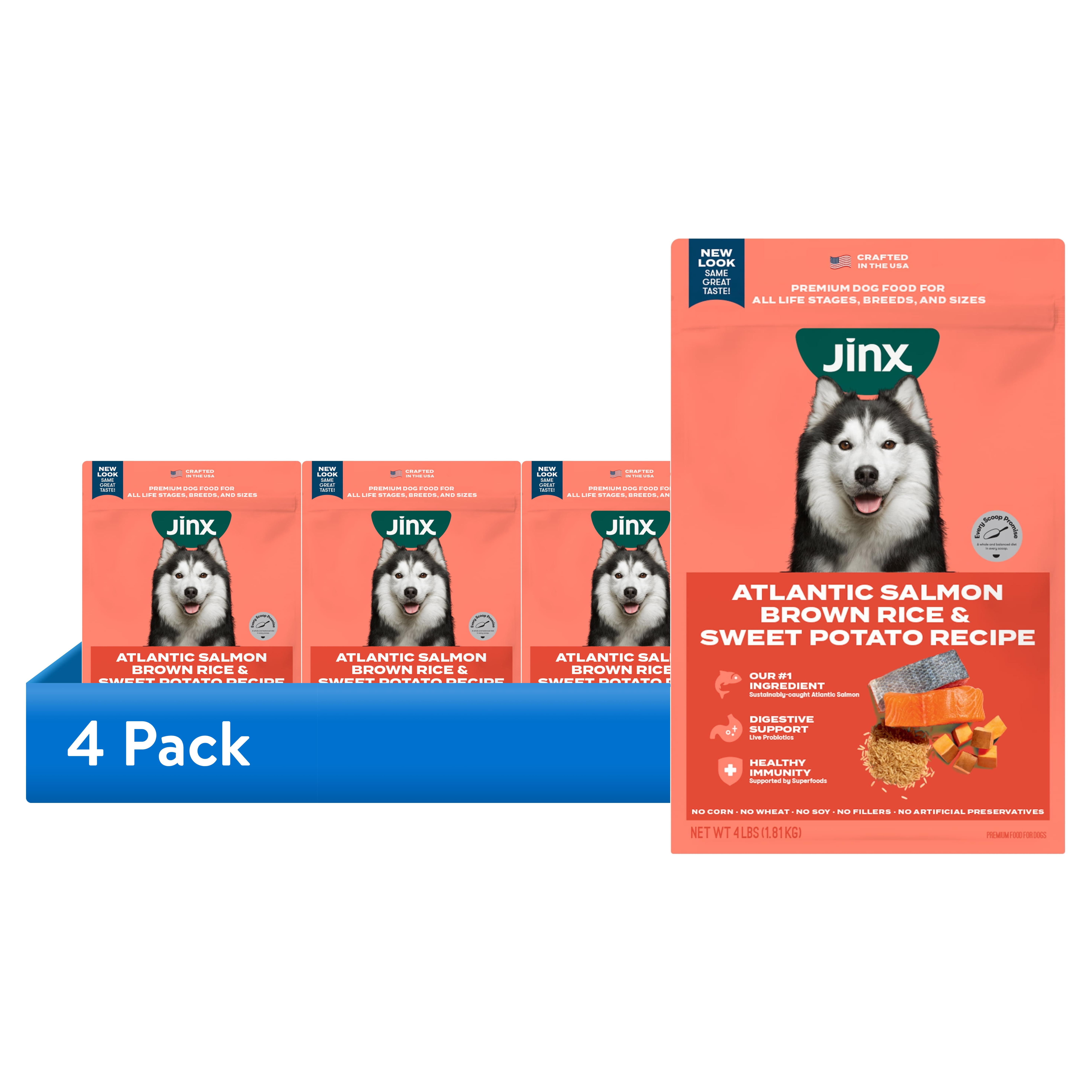 (4 pack) Jinx Salmon, Brown Rice, & Sweet Potato Dry Dog Food, 4 lbs Bag