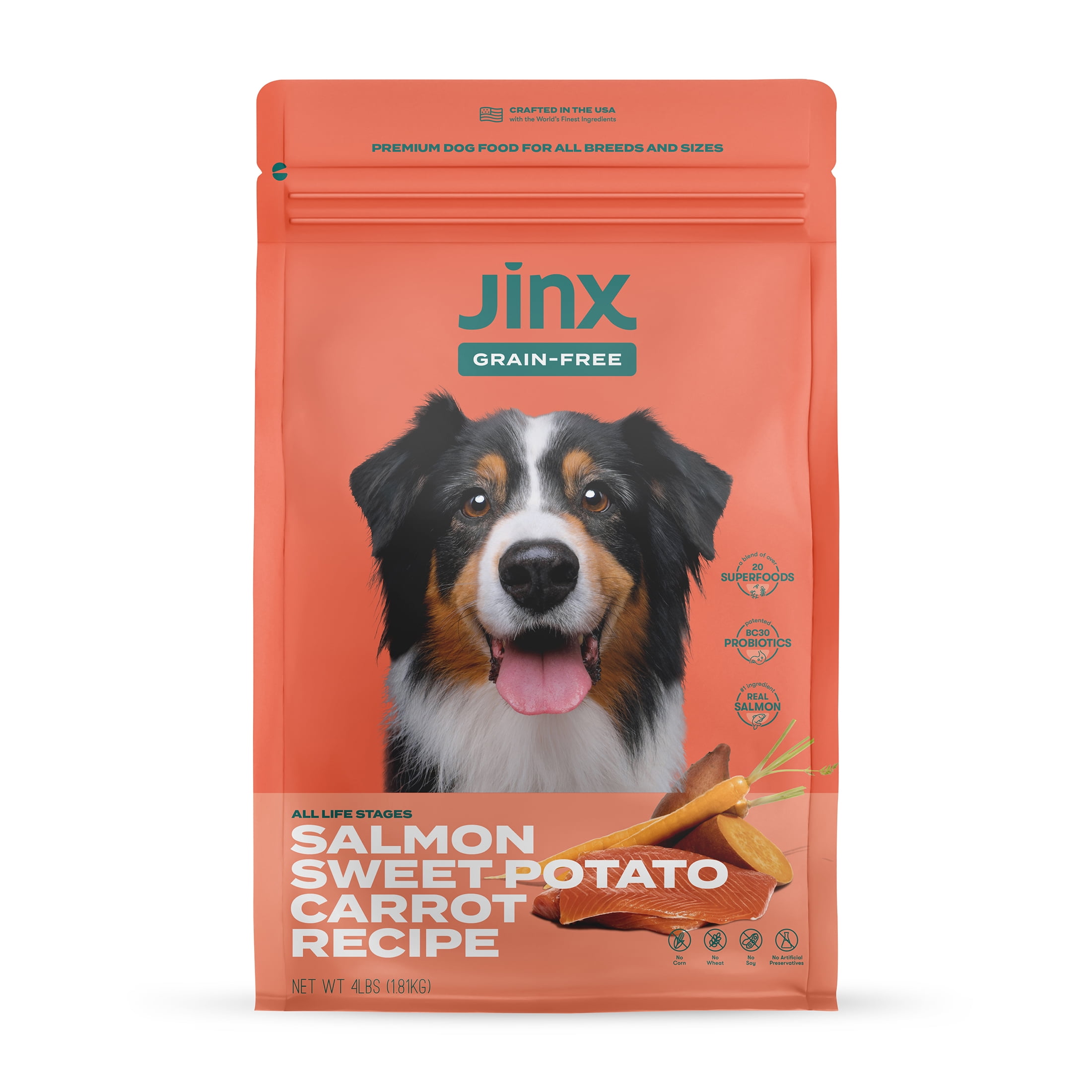 Jinx Salmon, Sweet Potato & Carrot Dry Dog Food, Grain Free, 4 lb. Bag