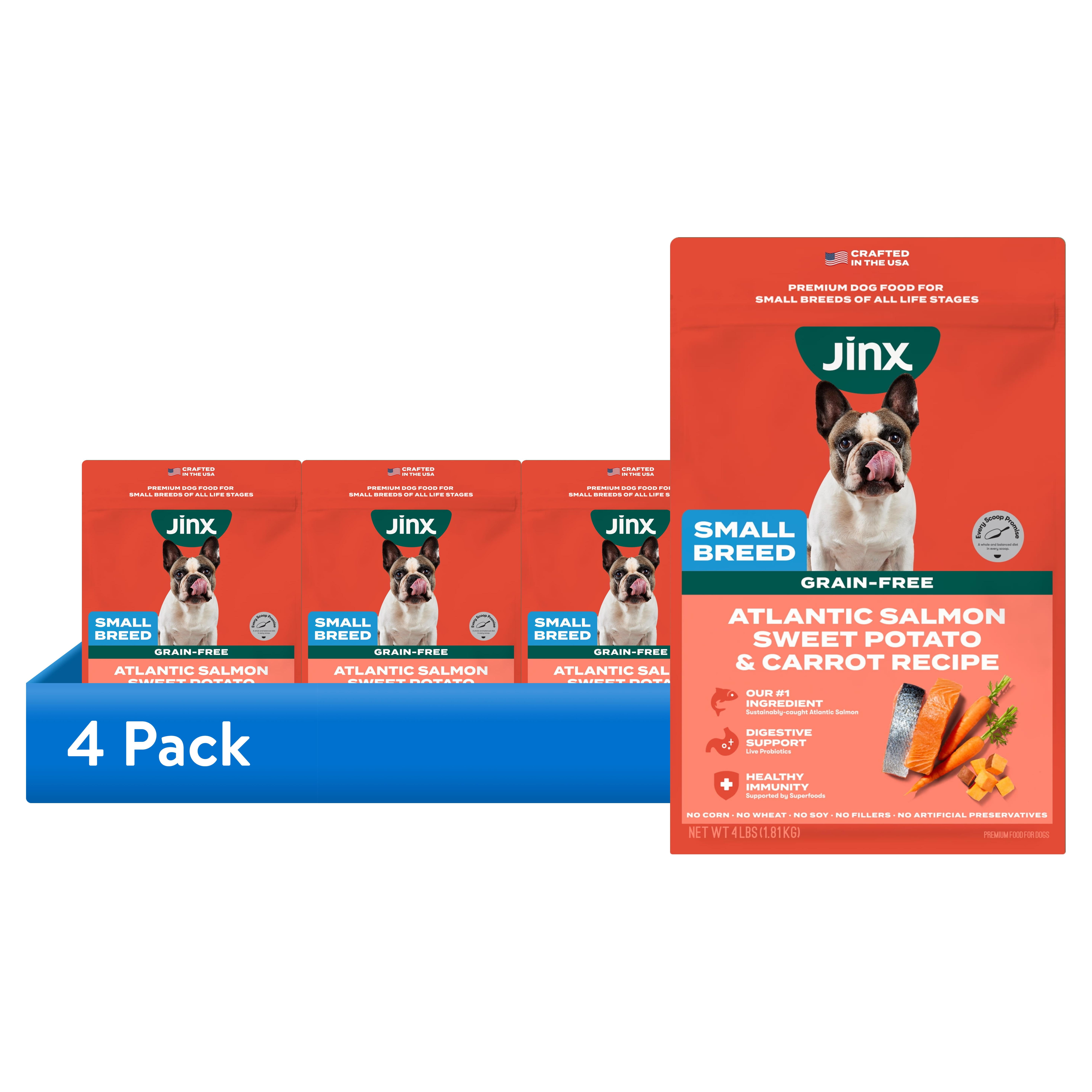 (4 pack) Jinx Small Breed Sweet Potato, & Carrot Dry Dog Food, Grain Free, 4lb. Bag