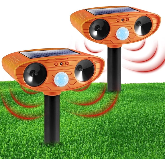 KingFurt 2-Pack Orange Solar Ultrasonic Animal Repeller Repellent for Cat Squirrel Raccoon Deer Mouse Fox