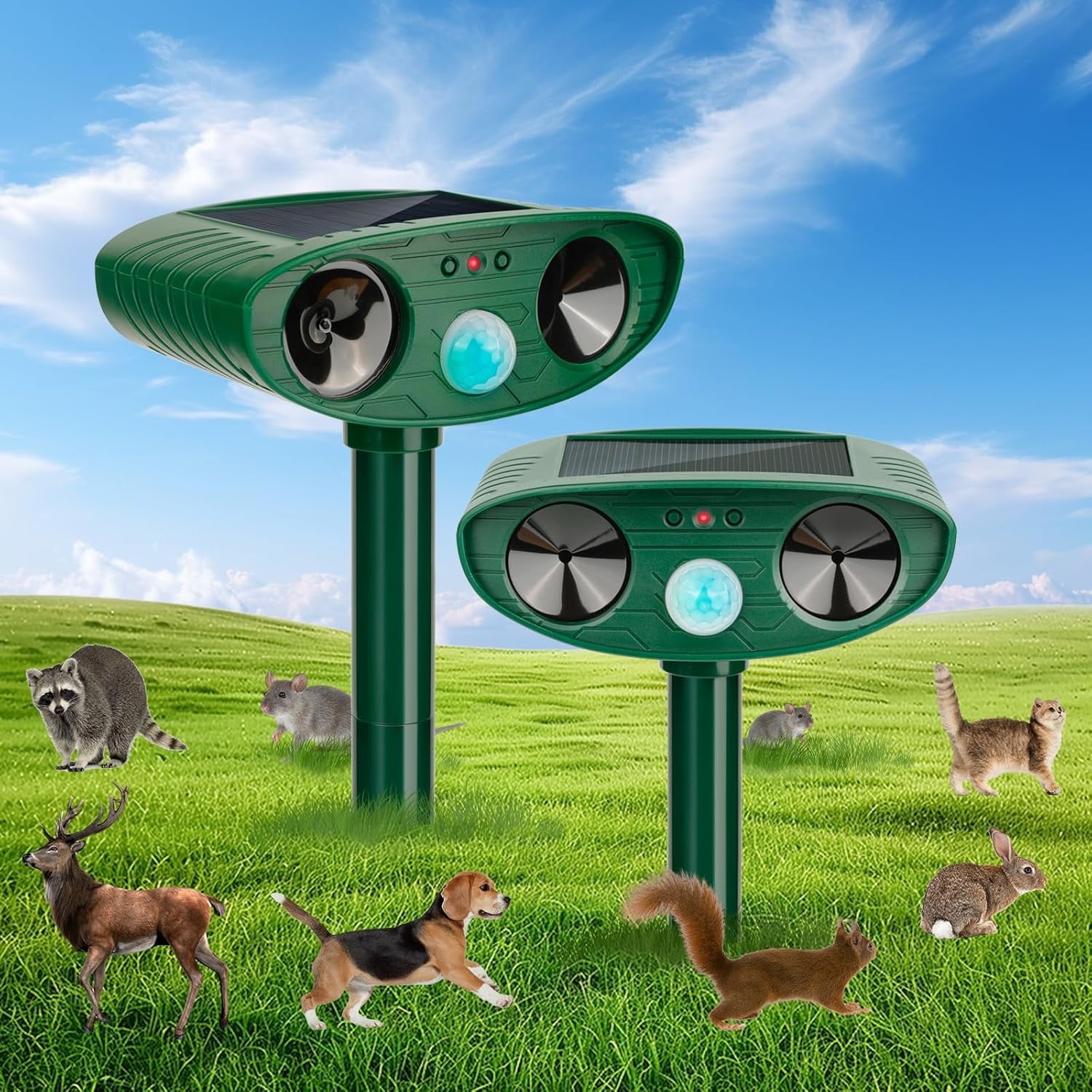 2Pack Ultrasonic Squirrel Deer Repellent Devices Cat Repellent Outdoor, Waterproof Solar Animal Repellent With Motion Sensor Deterrent Light For Rabbit Raccoon Coyote Skunk Rodent Dog Possum Armadillo