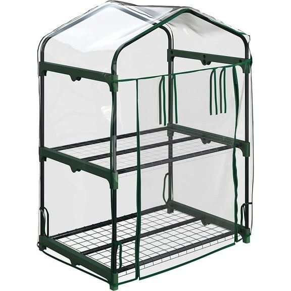 Jinyi 2 Tier Mini Greenhouse - Portable Greenhouse with Steel Frame and PVC Cover for Indoor or Outdoor - 27 x 19 x 37.5 Inch