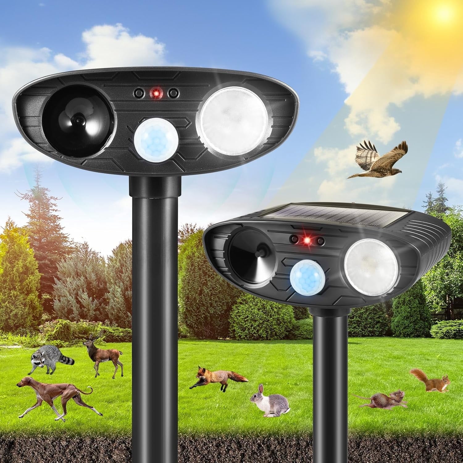 JINYI Solar Animal Repellent with Ultrasonic Technology, 2Pcs-Black