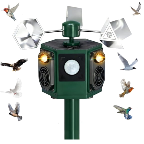 Jinyi Solar Ultrasonic Bird Repellent Devices Outdoor Woodpecker Deterrent for House with Motion Activated & Reflective Spinning Deterrent IP65 Waterproof