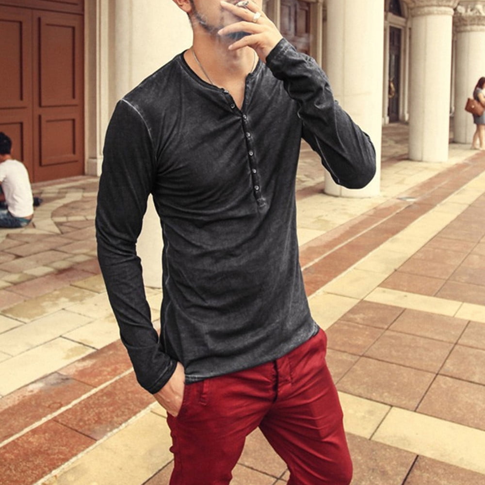 Jinyu Men Autumn Casual Vintage Long Sleeve V-Neck T-Shirt