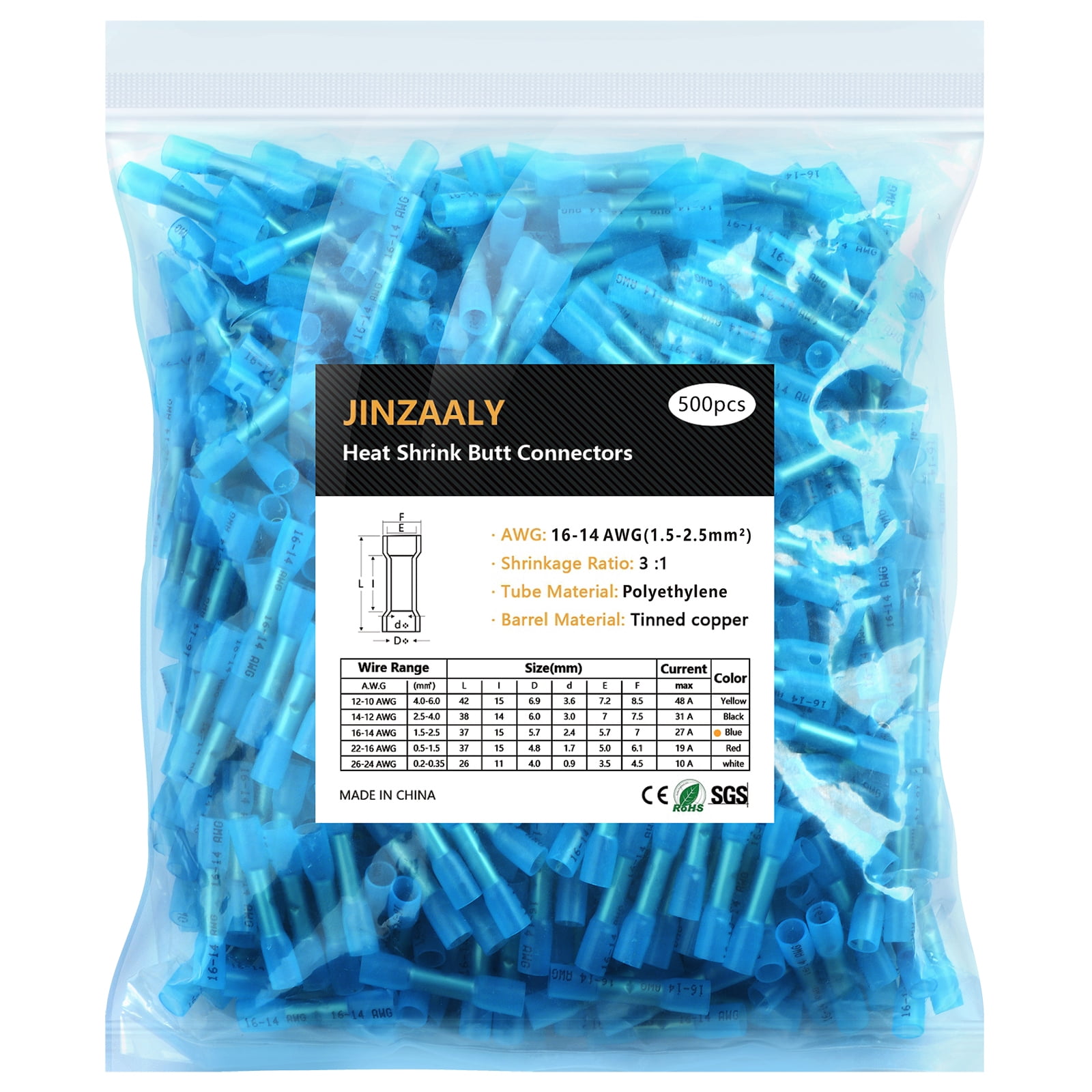 Jinzaaly Heat Shrink Butt Connectors, Insulated Waterproof Electrical Marine Automotive Tinned Copper Wire Crimp Terminals, Butt Splice for Boat Truck Stereo Joint (16-14AWG-500PCS)