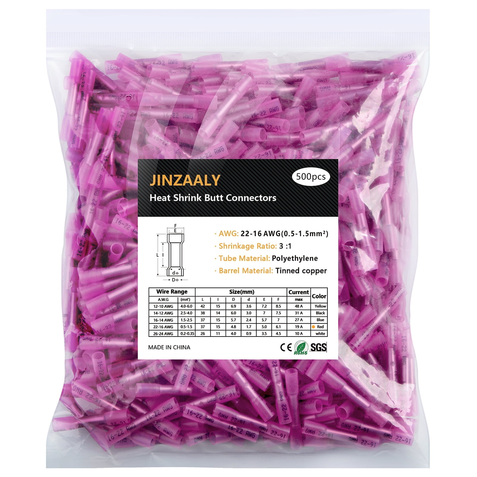 Jinzaaly Heat Shrink Butt Connectors , Insulated Waterproof Electrical Marine Automotive Tinned Copper Wire Crimp Terminals, Butt Splice for Boat Truck Stereo Joint (22-16AWG-500PCS)