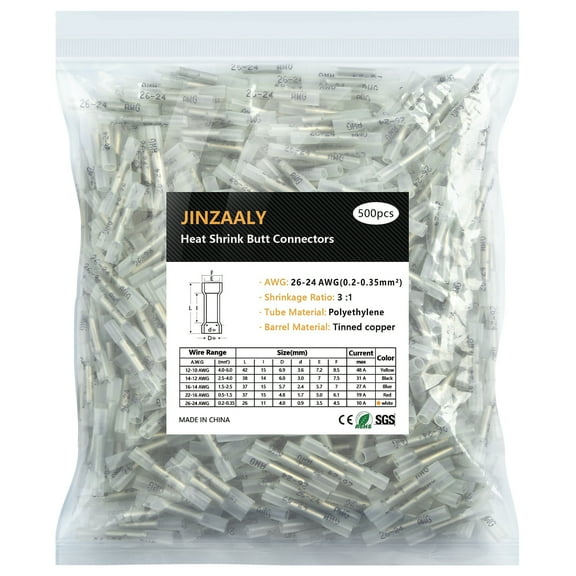 Jinzaaly Heat Shrink Butt Connectors, Insulated Waterproof Electrical Marine Automotive Tinned Copper Wire Crimp Terminals, Butt Splice for Boat Truck Stereo Joint (26-24AWG-500PCS)
