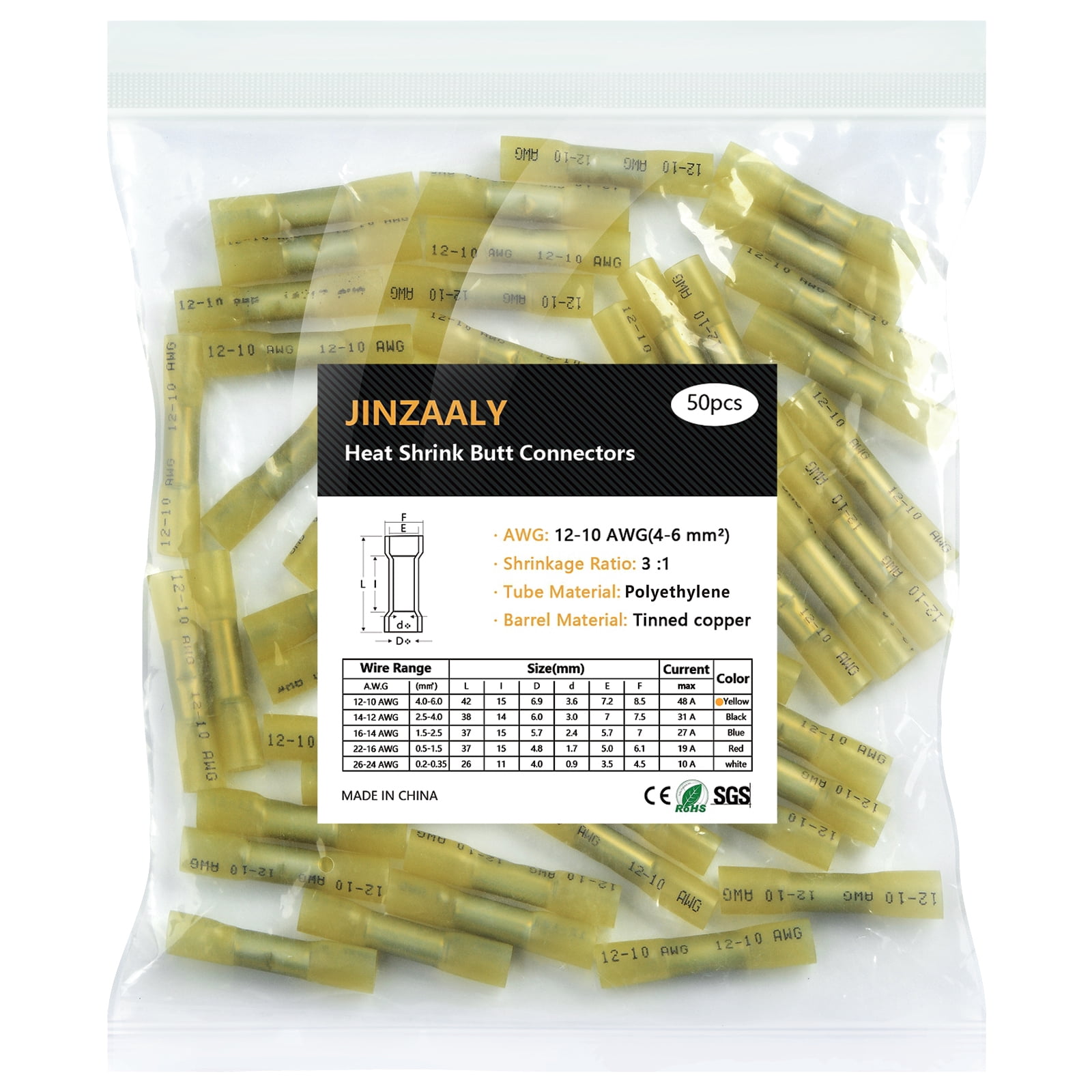 Jinzaaly Heat Shrink Butt Connectors , Insulated Waterproof Electrical Marine Automotive Tinned Copper Wire Crimp Terminals, Butt Splice for Boat Truck Stereo Joint (12-10AWG-50PCS)
