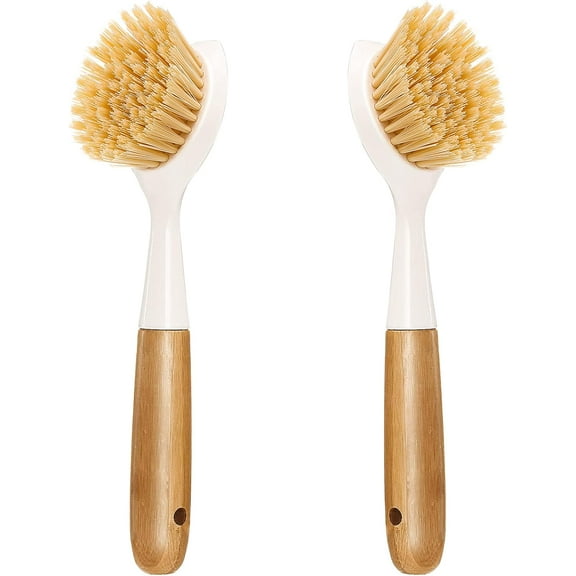 Jioakfa 2 Pack Kitchen Dish Brushes With Wooden Handle, Dish Scrubber Built-In Scraper, Scrub Brush For Pans, Pots, Counter & Kitchen Sink Cleaning, Dishwashing And Cleaning Brush Tools Khaki-2Pc