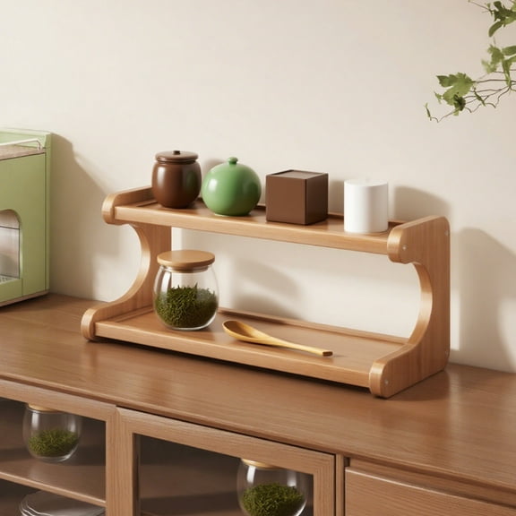 Jioakfa 2-Tier Wooden Coffee Bar Station Organizer, Mug Holder For Countertop Cabinet, Matcha Stand Tea Accessories Storage Shelf, Coffee Syrup Organizer, Cup Display Rack, Rustic Wooden & Wicker